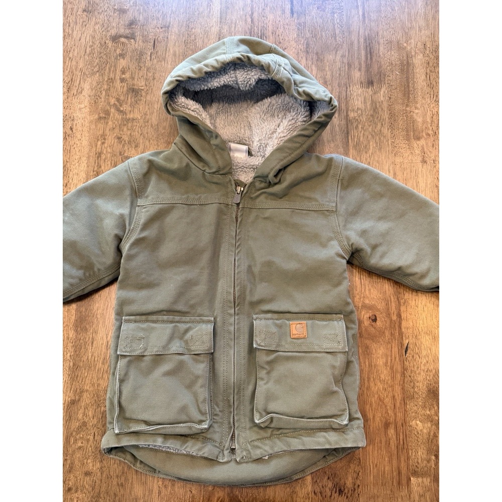 Carhartt Toddler Boys 4T Sherpa Lined Hooded Duck Canvas Jacket Moss Green